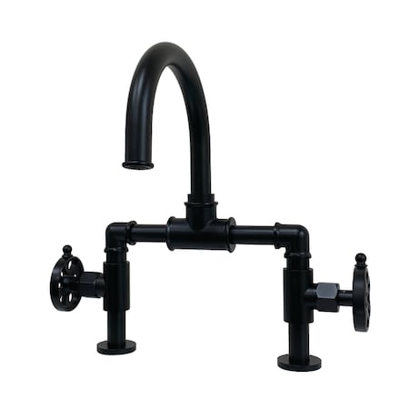 Indstrl Style Wheel Handle Bridge Bathroom Faucet W/Pop-Up Drain,Blk